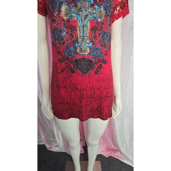Angels & Diamonds Red Lace Bling Rhinestone Cross Wings Top Size XL - Picture 7 of 12